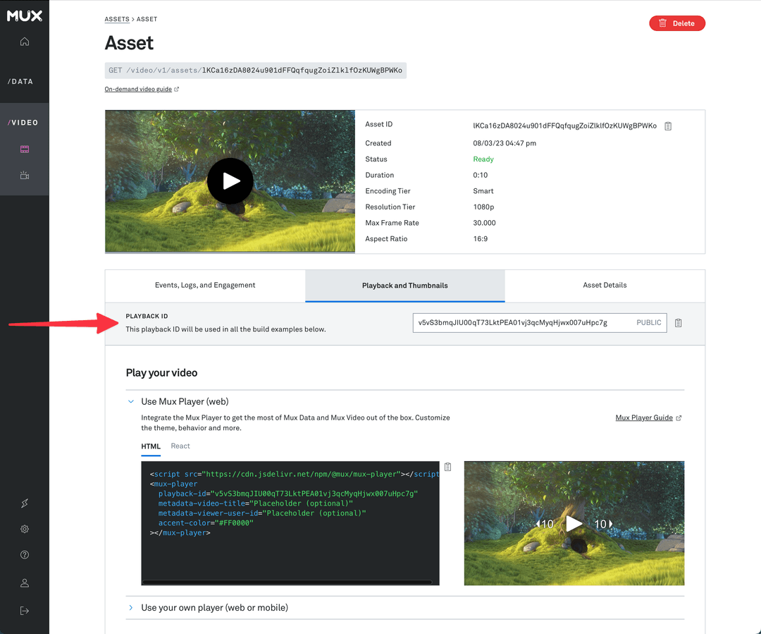 In the playback and thumbnails tab of an asset you can find the playback ID, as well as more information on how to play the video.