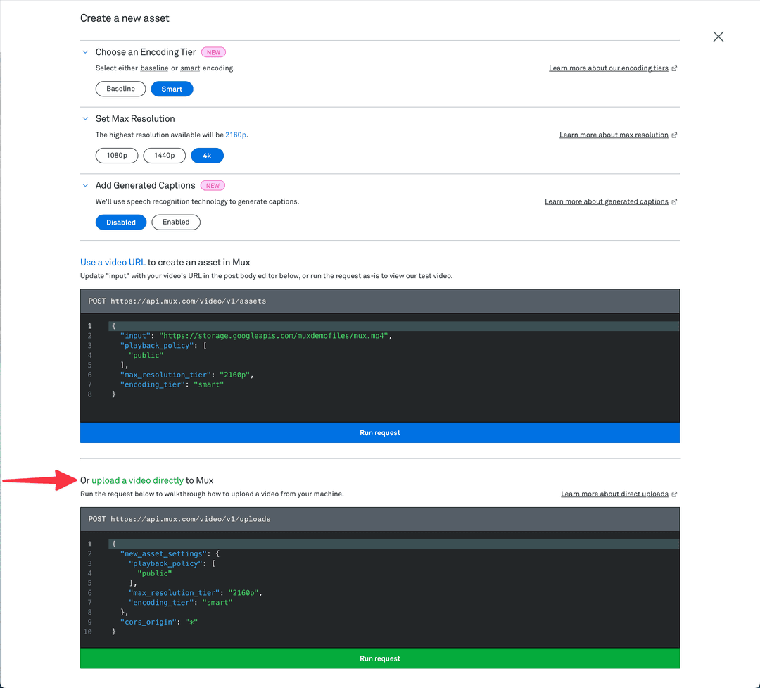 At the bottom of the new asset modal is a section allowing you to upload directly to Mux