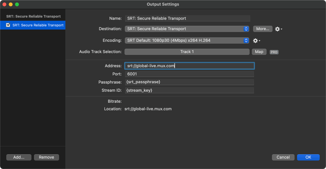 SRT configuration for Wirecast